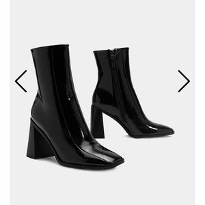 Patent square toe heel ankle boot